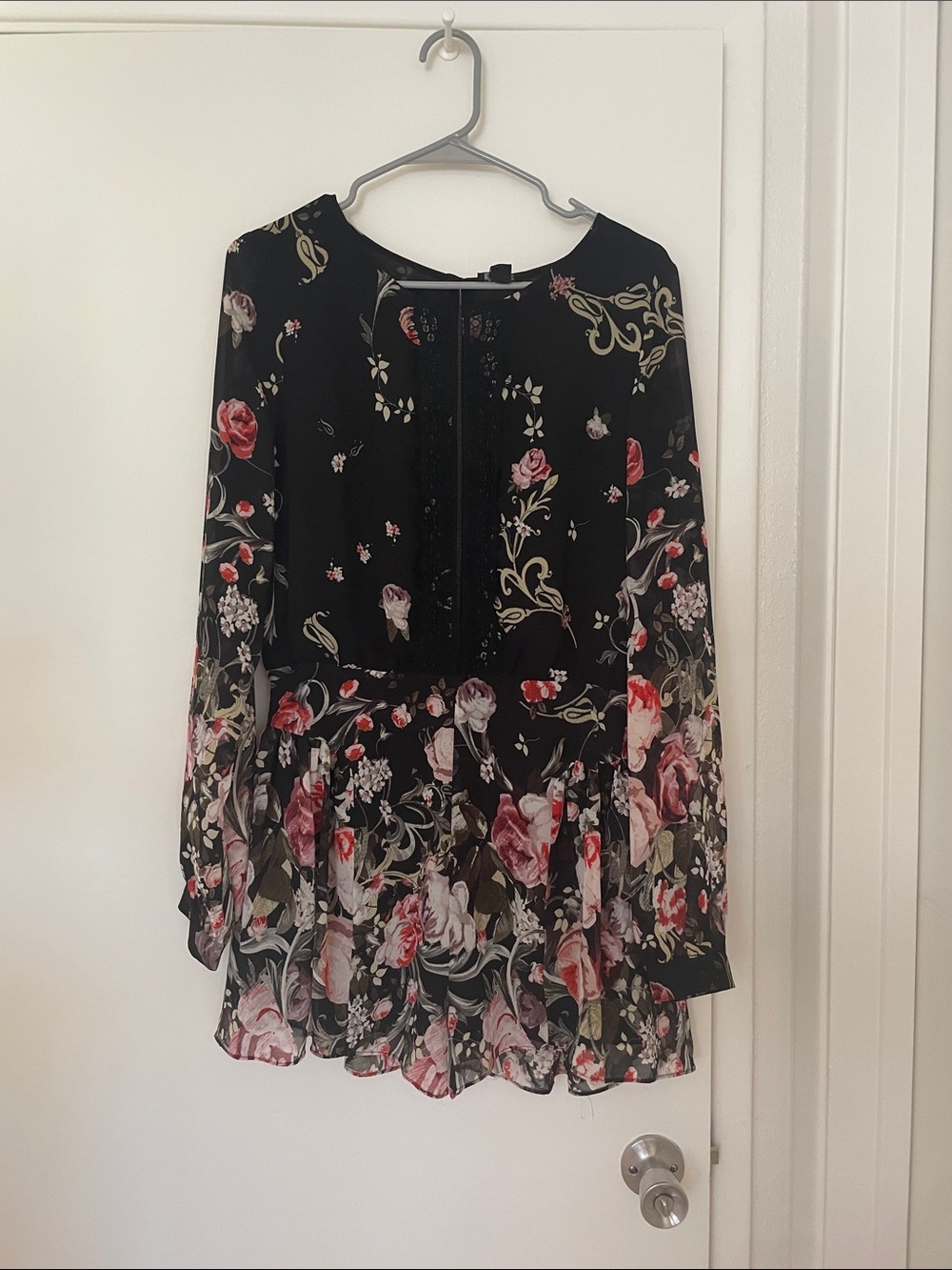 Black Floral Lace-Trim Romper with Pink & Red Roses